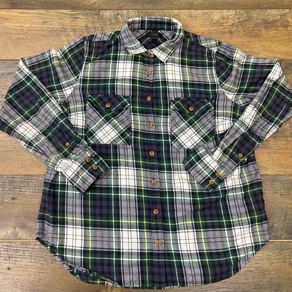 J.Crew Womens 12 Green Blue Plaid Cotton Button Down Flannel Shirt Fall Cabin